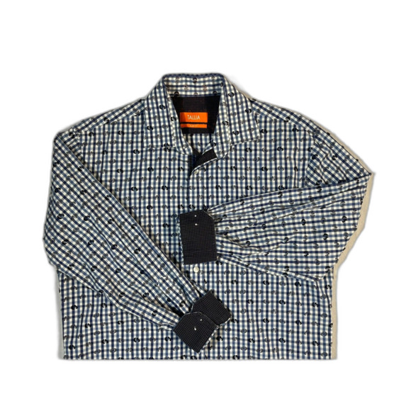 Tallia Slim Fit 15 1/2 32/33 Blue Checkered 3D Flip Cuff Button Down Shirt - Picture 1 of 9